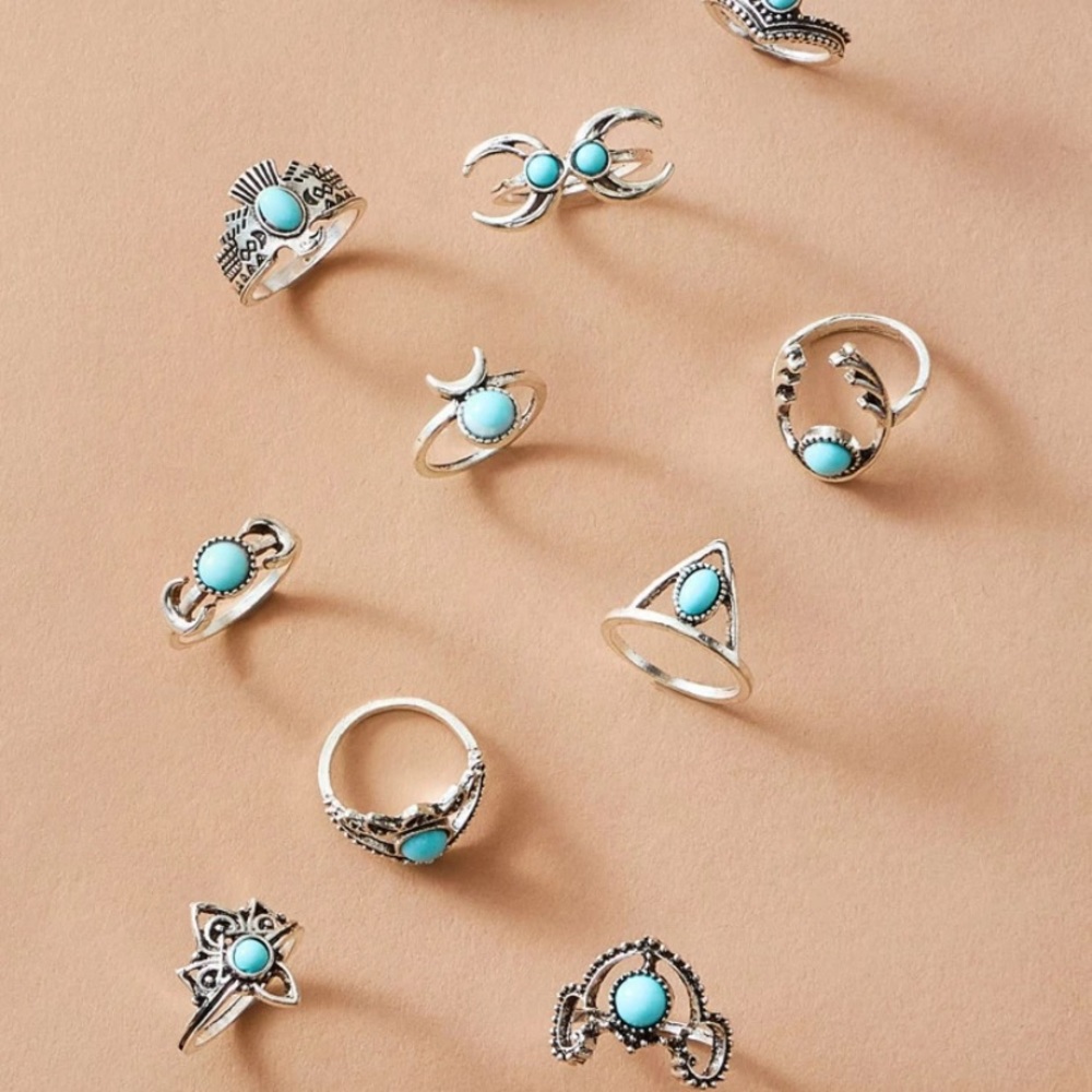 3/$30 11pc Turquoise vintage Midi Ring Set - Picture 3 of 4